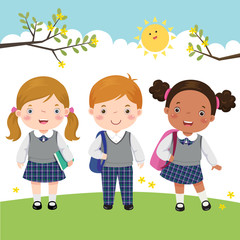 Three kids in school uniform going to school