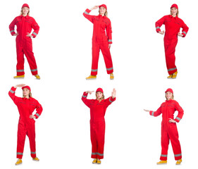 Woman in red overalls isolated on white