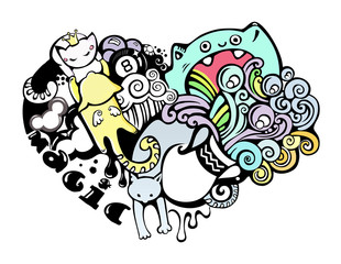 happy cats in love doodle art
