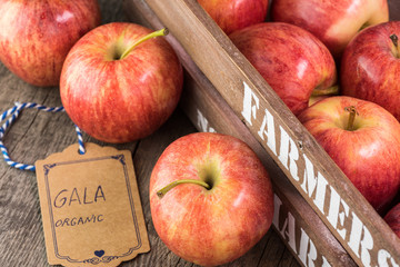 Farm organic apples in crate.