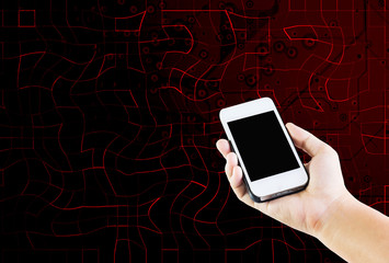 Women hand holding cellphone on technology abstract background