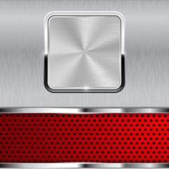 Metal background with square button and perforated red stripe