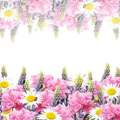 Delicate floral background. Peonies, lupins and daisies 