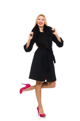 Pretty blond woman in black coat isolated on white