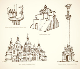 Kiev famous historical monuments. Vector sketch