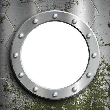 Metal porthole with rivets. Window on the a submarine. Stock vec