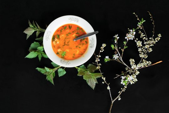 Spicy asian soup with chicken meat, flowers and herb