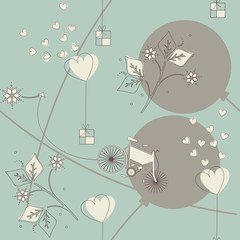 Stylish seamless pattern with flowers, balloons, hearts, gifts,