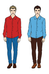 Two men. A man in a shirt and trousers. Fashionable man. Blond and brunette. Vector image of a man.