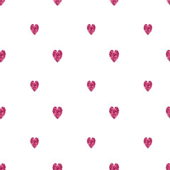 Pink glittering seamless pattern of hearts on white background. Vector