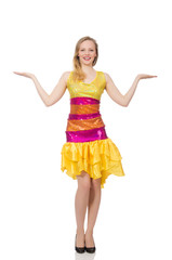 Fototapeta premium Woman in funny sparkling yellow dress isolated on white