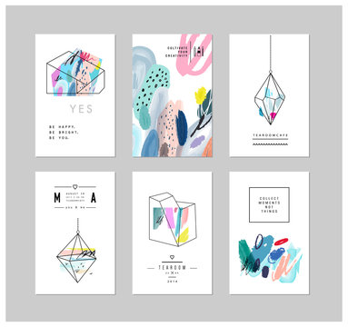 Set of creative cards and posters with geometric outline shapes