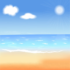 Fototapeta na wymiar summer vector illustration. Beach sea blue sky and sun. Travel season background. Tropical relax scene. Summer wallpaper. Summer picture. Summer image