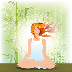 Meditating girl on the bamboo background