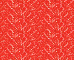 Leaves seamless hand drawn pattern white ink on red background