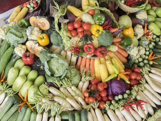 Close up of various colorful raw vegetables
