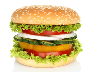 Healthy vegan burger with raw vegetables on white background