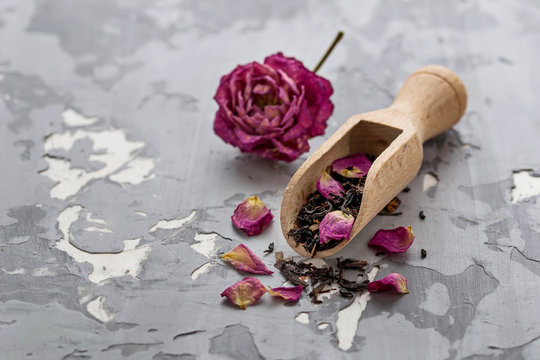 Dried tea with rose petals