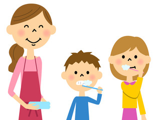 歯磨きするこども達とお母さん