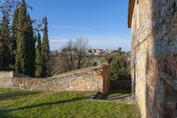 View from an historic village, Via Francigena di San Francesco, St. Francis Way, near Abbadia Isola, province of Siena, Tuscany, Italy