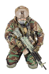 soldier or private military contractor with rifle and gas mask. war, army, weapon, technology and people concept. Image on a white background.