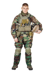 Fototapeta premium soldier or private military contractor with rifle. war, army, weapon, people concept. Image on a white background.