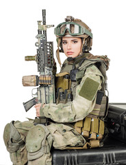 Fototapeta premium soldier or private military contractor with rifle. war, army, weapon, people concept. Image on a white background.