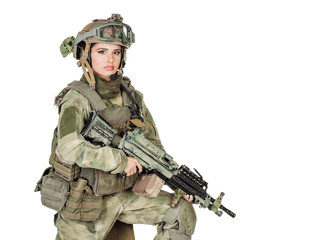 Fototapeta premium soldier or private military contractor with rifle. war, army, weapon, people concept. Image on a white background.