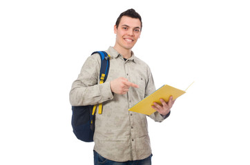 Smiling caucasian student with backpack and books isolated on wh