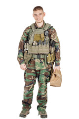 soldier wearing camouflage holding paper bag in his hand .war, army, weapon, technology and people concept. Image on a white background.