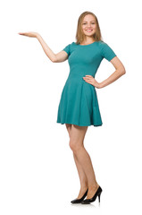 Charming caucasian woman wearing green dress isolated on white