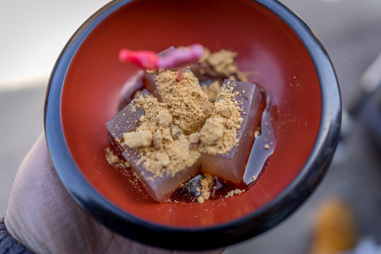 Japanese dessert with konjac jelly (Konnyaku), brown sugar syrup