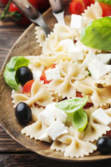 Salad with cold pasta and mozzarella and tomato