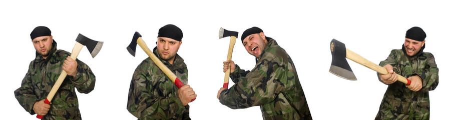 Soldier with axe isolate on white