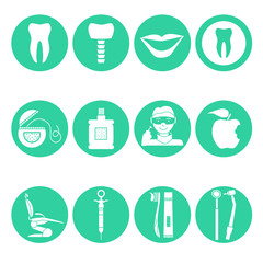 Flat line colorful icons collection of dental services, equipment and products for dental care, online support, dental treatment and prosthetics