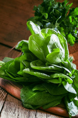 Fresh green sorrel, vintage wooden background, selective focus