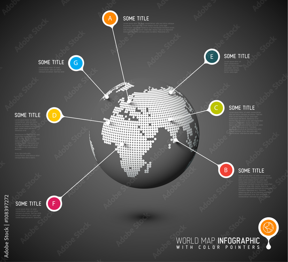 Poster world map globe with pointer marks