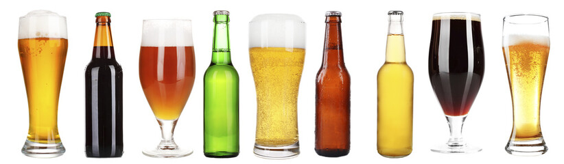 Different types of beer in glasses and bottles, isolated on white