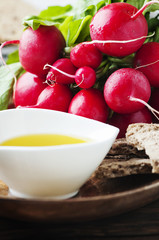 Fototapeta na wymiar Fresh red radish with olive oil and bread