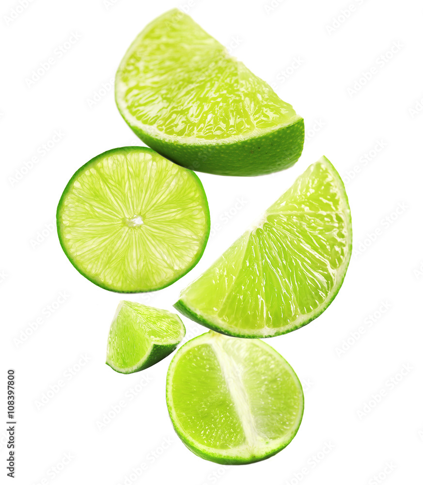 Sticker falling limes isolated on white