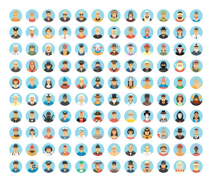 People avatar collection. Flat circle icons of people, occupations, works. People portraits, cartoon people, people lifestyles. Human role. People society. 