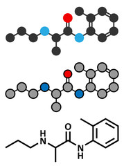 Prilocaine local anesthetic drug molecule.
