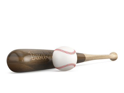 Baseball bat next to the ball on white background with copy spac