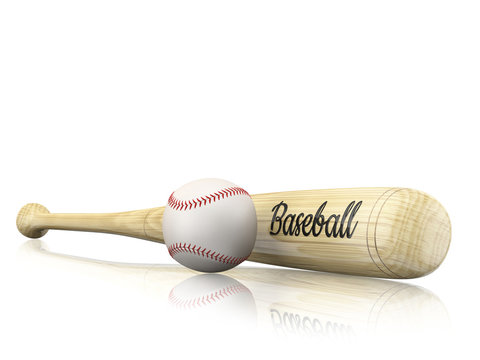 Baseball bat next to the ball on white background with copy spac