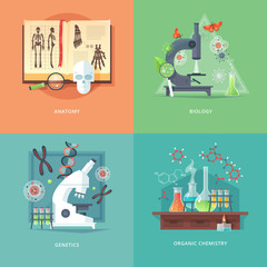 Education and science concept illustrations. Anatomy, biology, genetics and organic chemistry. Science of life and origin of species. Flat vector design banner.