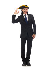 Young businessman wearing tricorn isolated on white