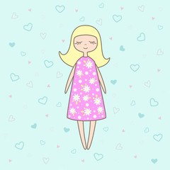 Vector illustration of nice doll on background with hearts
