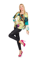 Tall model in green blouse isolated on white