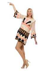 Blond hair model wearing designer clothes isolated on white