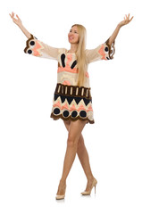 Blond hair model wearing designer clothes isolated on white